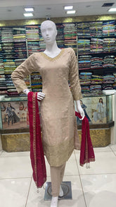 Rose Gold Handworked Dress with Red Dupatta
