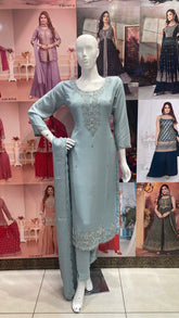 Blue and Peach Pink Handwork Kurti Pant set