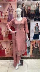 Blue and Peach Pink Handwork Kurti Pant set